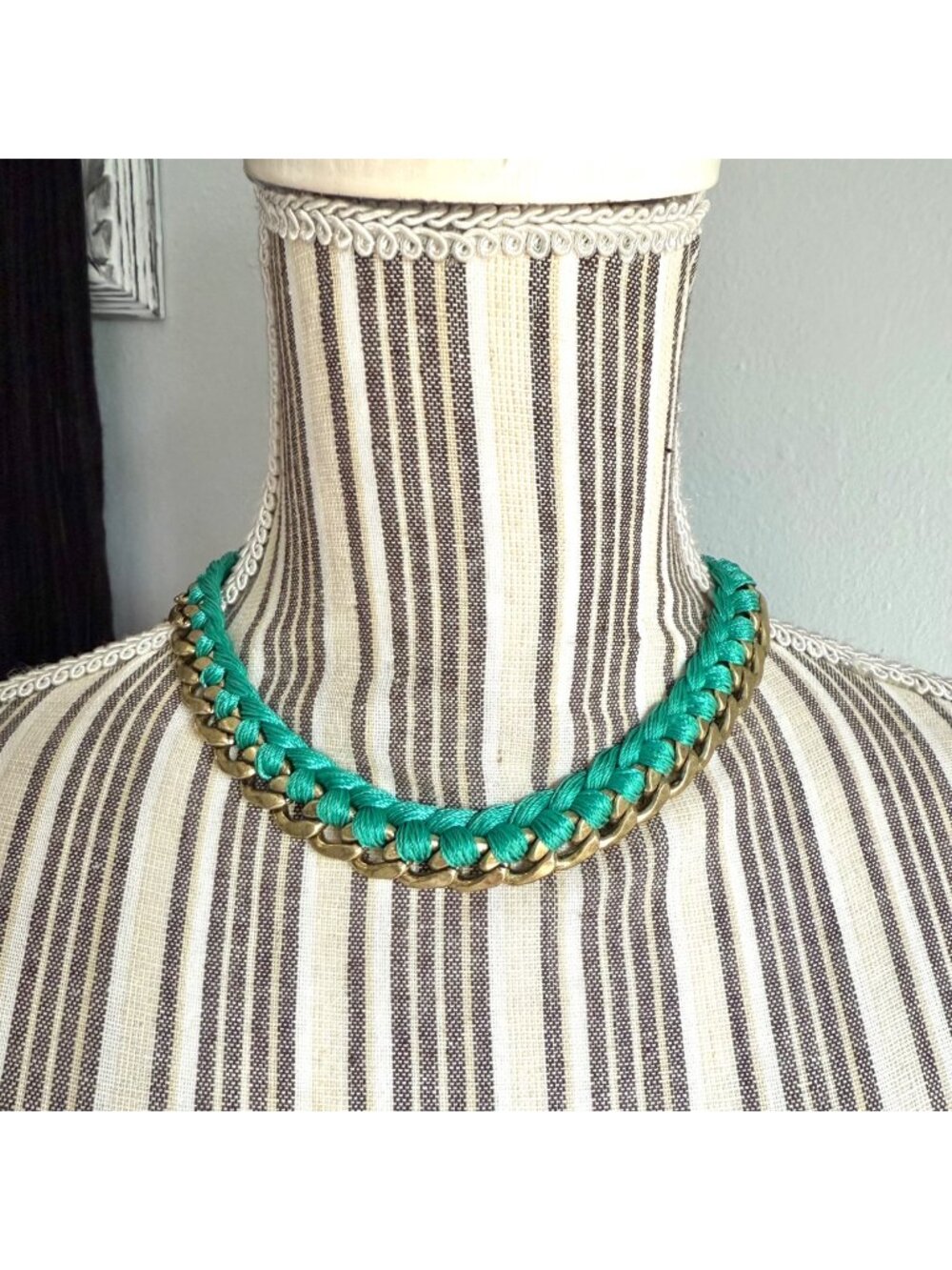 Chloe + Isabel Green and Gold Tone Braided Three Strand Collar Necklace